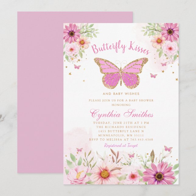 Butterfly Kisses Gold Pink Floral Girl Babydusche Einladung (Vorne/Hinten)