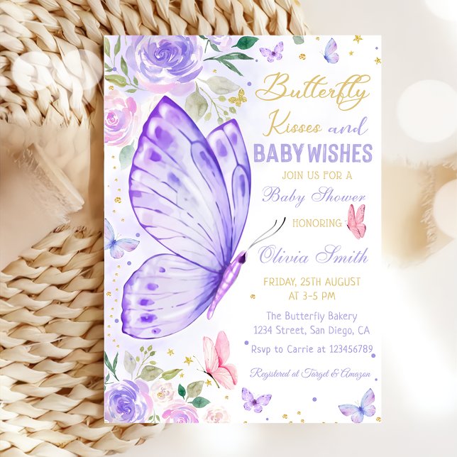 Butterfly Kisses Lila Floral Girl Babydusche Einladung (Von Creator hochgeladen)