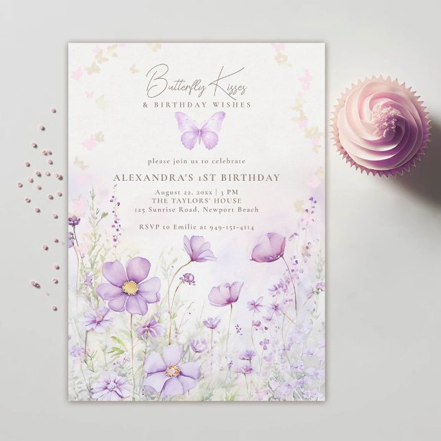 Butterfly Kisses Lila Wildblumen 1. Geburtstag Einladung (butterfly kisses birthday wishes purple wild flowers garden 1st birthday girl photo invitation)