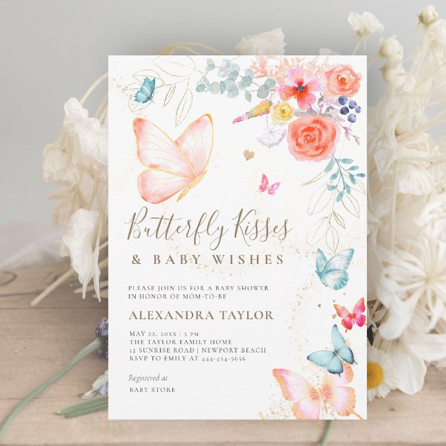 Butterfly Kisses Peachy Garden Baby Girl Dusche Einladung (butterfly kisses baby shower invitation bright colorful garden peach orange teal blue whimsical)