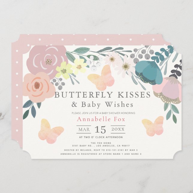 Butterfly Kisses Pink Floral Baby Dusche Einladung (Vorne/Hinten)