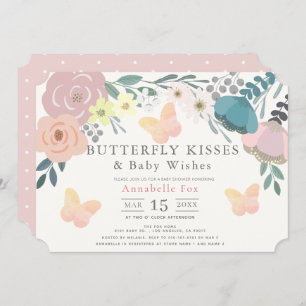 Butterfly Kisses Pink Floral Baby Dusche Einladung
