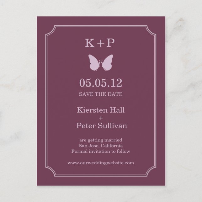 Butterfly Kisses Save the Date Postkarten - Plum (Vorderseite)