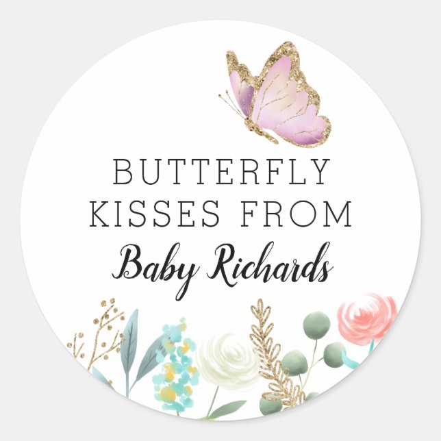 Butterfly Kisses Sweet Baby Shower Gefallen Runder Aufkleber (Vorderseite)