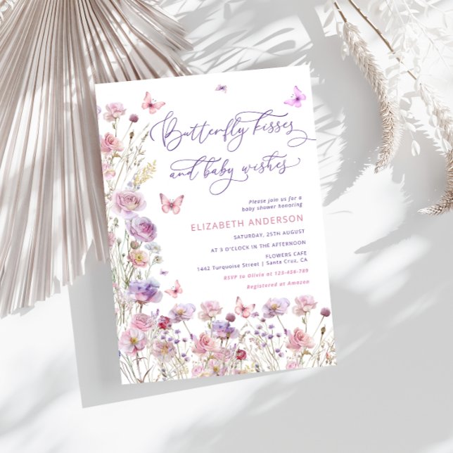 Butterfly Kisses und Baby wünscht Lila Pink Baby Einladung (Von Creator hochgeladen)