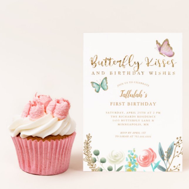 Butterfly Kisses und Birthday wünscht Gold Floral Einladung (Von Creator hochgeladen)
