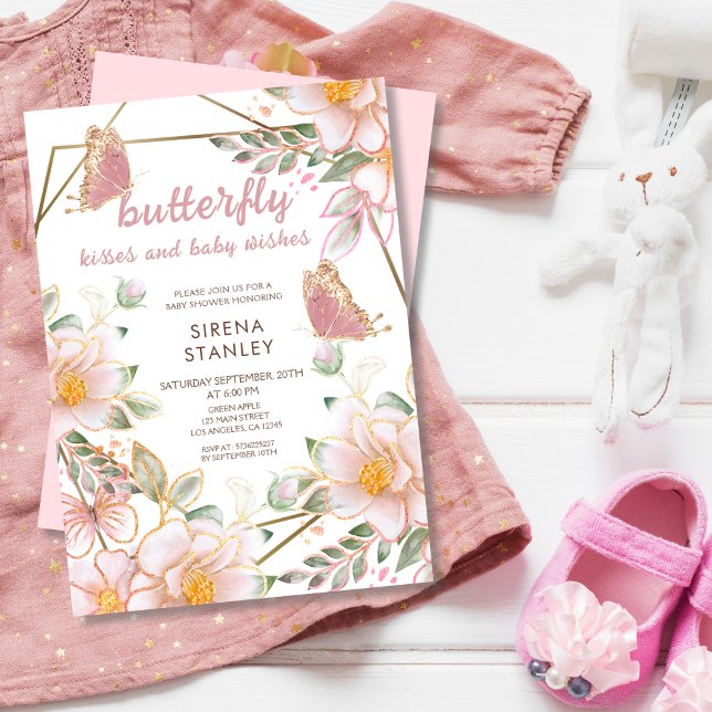 Butterfly Kisses und wünscht Pink Girl Baby Dusche Einladung (Von Creator hochgeladen)