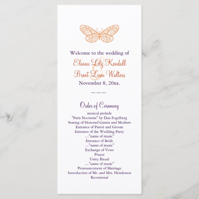 Butterfly Kisses Wedding Program (Orange & lila) Programm (Vorderseite)