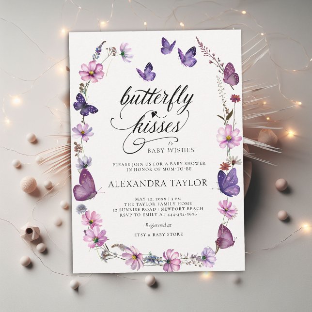 Butterfly Kisses Wild Lila Baby Girl Shower Einladung (butterfly kisses baby wishes girl shower invitation purple pink garden watercolor spring summer boho)