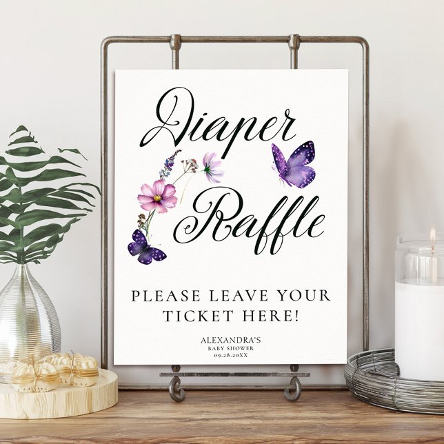 Butterfly Kisses Wild Lila Baby Shower Raffle Poster (baby shower diaper raffle poster purple butterflies wildflowers garden party spring summer chic)