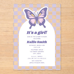 Butterfly Lavender Checkerboard Girl Baby Dusche Acryleinladungen