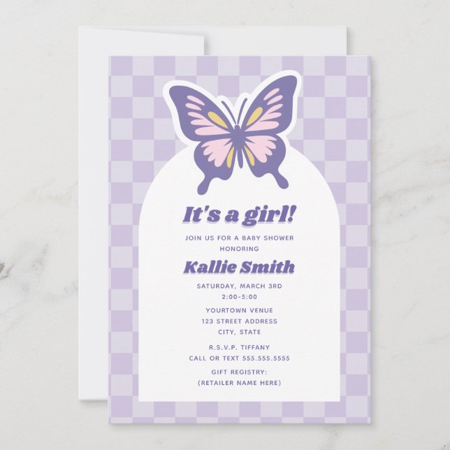 Butterfly Lavender Checkerboard Girl Baby Dusche Einladung (Vorderseite)