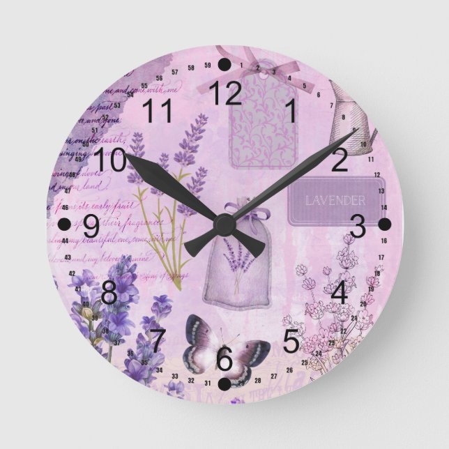 Butterfly Lavender Floral Lilac Ephemera  Runde Wanduhr (Vorderseite)