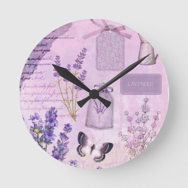 Butterfly Lavender Lilac Floral Ephemere Runde Wanduhr (Vorderseite)