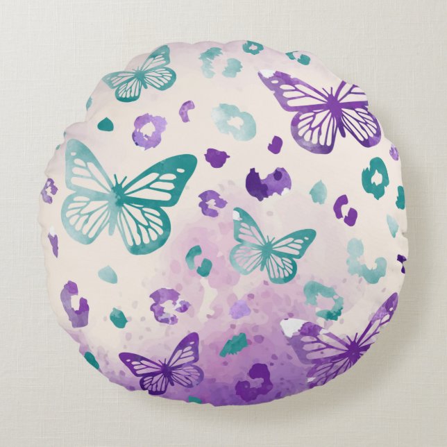 Butterfly Leopard Lila Grau Muster Rundes Kissen (Vorderseite)