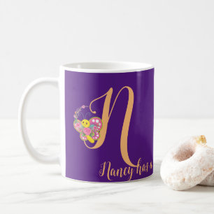 Butterfly Letter N Floral Tasse