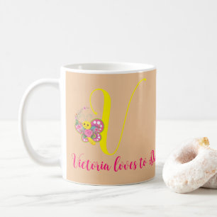 Butterfly Letter V Floral Tasse