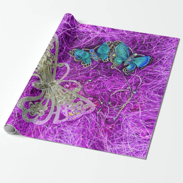 Butterfly Lila Aquamarines Blaues Gold Geschenkpapier (Ungerollt)