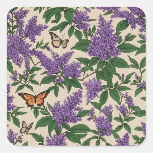 Butterfly-Lila-Blumen und Schmetterlinge Quadratischer Aufkleber