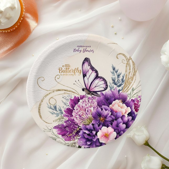 Butterfly Lila Floral Pink Girl Babydusche Pappteller (Von Creator hochgeladen)