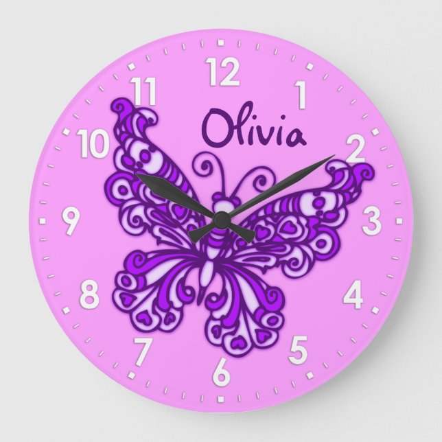 Butterfly lila Girls Zimmername Wand Große Wanduhr (Vorderseite)