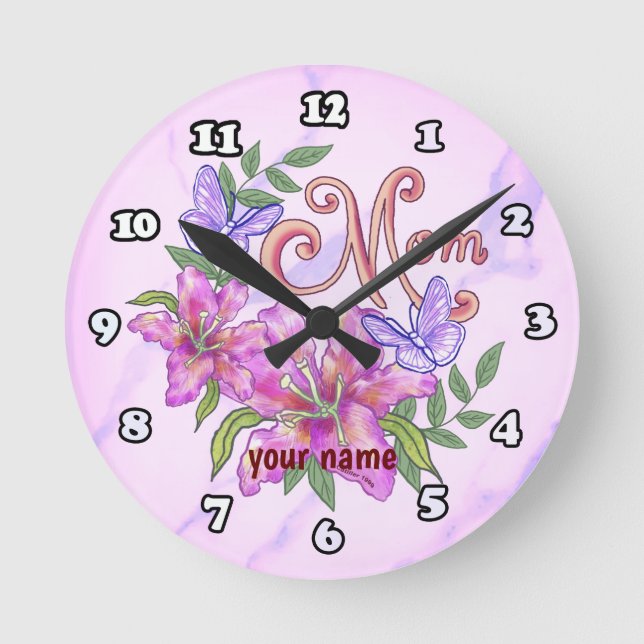 Butterfly Lily Mama Runde Wanduhr (Vorderseite)