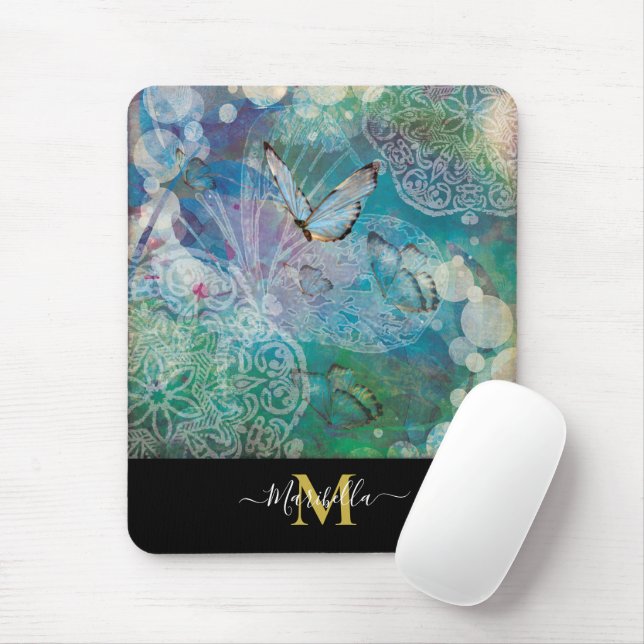 Butterfly Mandala Personalize Monogram Mouse Pad Mousepad (Mit Mouse)