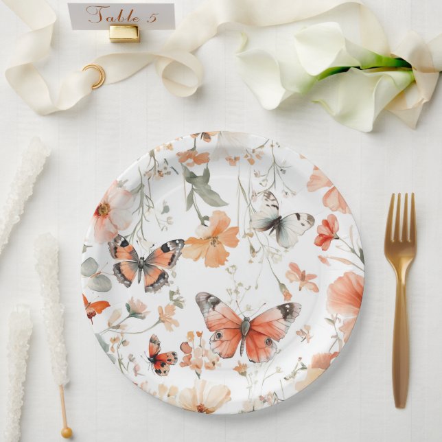 Butterfly Meadow Wasserfarbe Hübsches Brautparty Pappteller (Hochzeit)