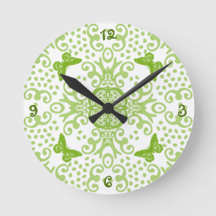 Butterfly Medallion Green 'n White Numbered Runde Wanduhr