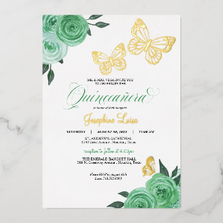 Butterfly Minze Green Rose Quinceanera Real Folieneinladung