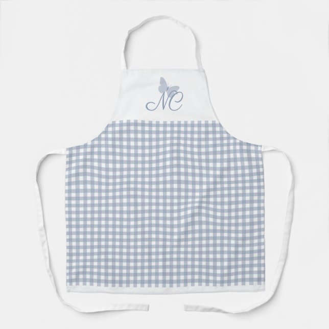 Butterfly Monogram Dusty Blue Gingham Karos Schürze (Vorderseite)