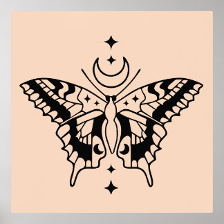 Butterfly Moon Minimal Line Art Design Foliendrucke