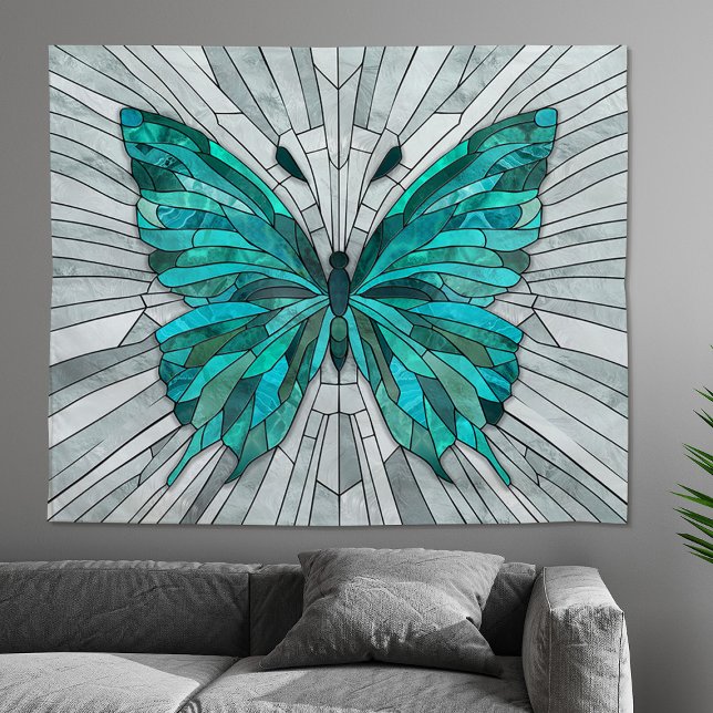 Butterfly Mosaic - Emerald Green und Grau Wandteppich (Von Creator hochgeladen)