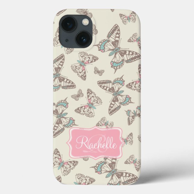 Butterfly-Muster cremebraun rosa Pink-Namensschild Case-Mate iPhone Hülle (Rückseite)