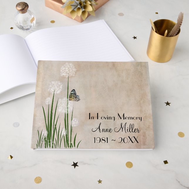 Butterfly on a Puff Flower Memorial Service Gästebuch (Vorderseite Offen)