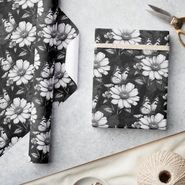 Butterfly On Blume Design - Schwarz Geschenkpapier (Von Creator hochgeladen)