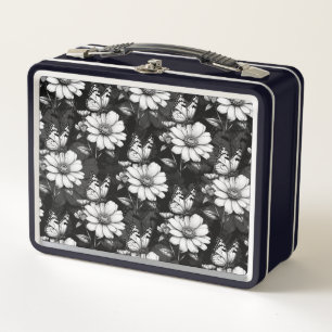 Butterfly On Blume Design - Schwarz Metall Brotdose