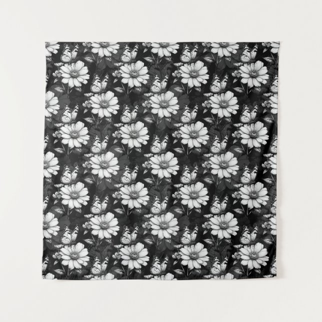 Butterfly On Blume Design - Schwarz Wandteppich (Vorderseite)