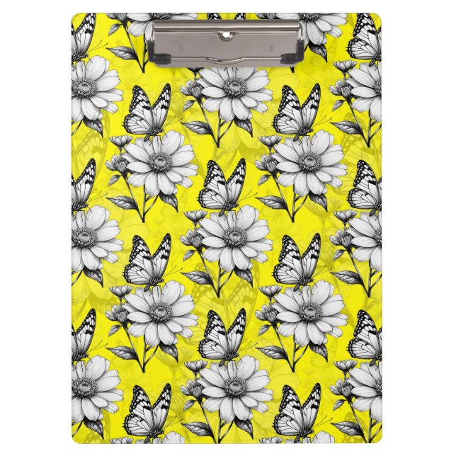 Butterfly On Blume Muster Gelb Design Klemmbrett (Vorderseite)
