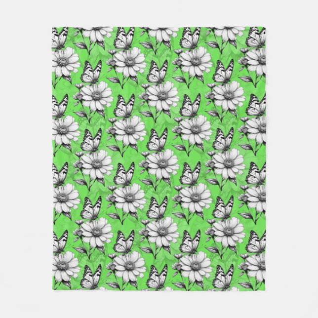 Butterfly On Blume Muster Green Design Fleecedecke (Vorderseite)