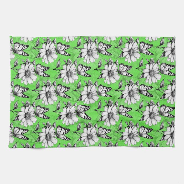 Butterfly On Blume Muster Green Design Geschirrtuch (Horizontal)
