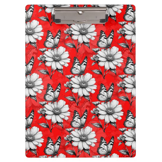 Butterfly On Blume Muster Red Design Klemmbrett (Vorderseite)