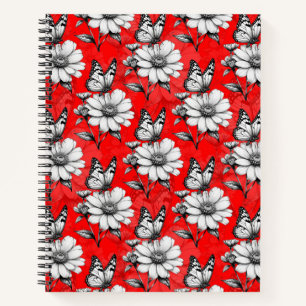 Butterfly On Blume Muster Red Design Notizbuch