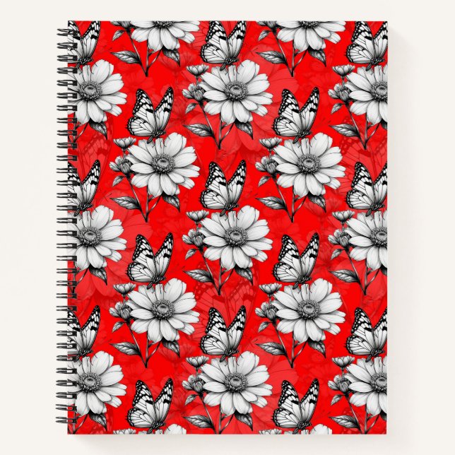 Butterfly On Blume Muster Red Design Notizbuch (Vorderseite)