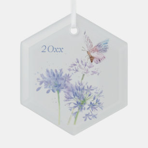 Butterfly on Garden Flowers Floral Watercolor Art  Ornament Aus Glas