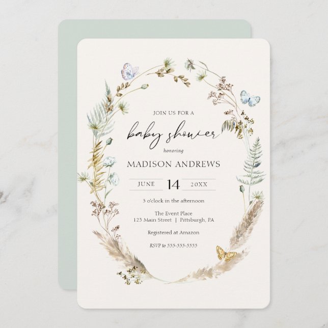 Butterfly on Way Boho Baby Shower Einladung (Vorne/Hinten)