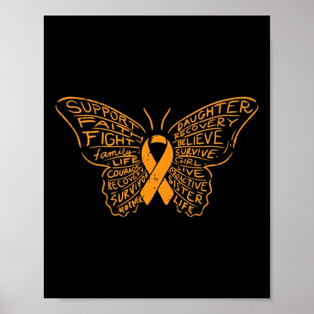 Butterfly Orange Ribbon Cancer Leukämie Bewusstsei Poster (Vorne)