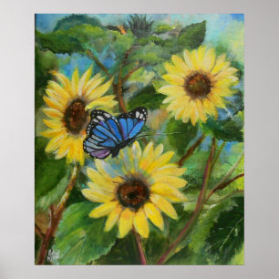 Butterfly over Sunflowers Poster