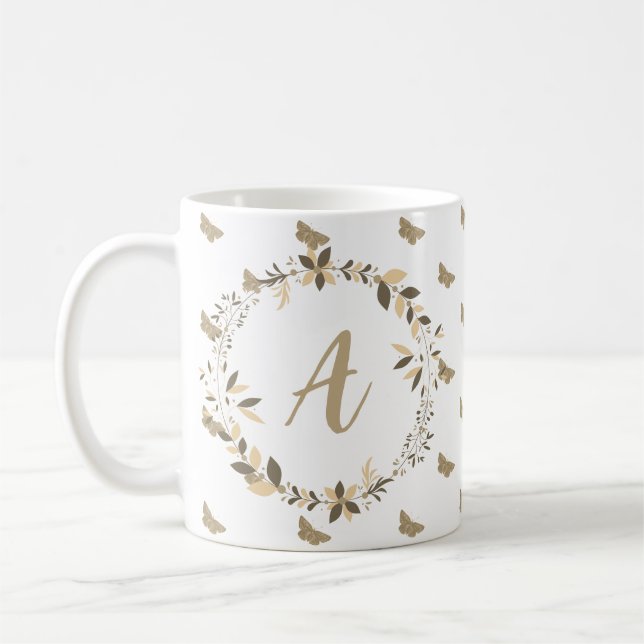 Butterfly Pattern Girly Niedlich Modern Monogram Kaffeetasse (Links)