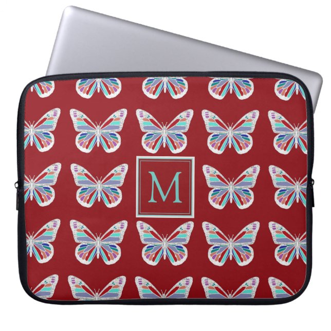 Butterfly Pattern on Burgundy Monogram Laptopschutzhülle (Vorderseite)